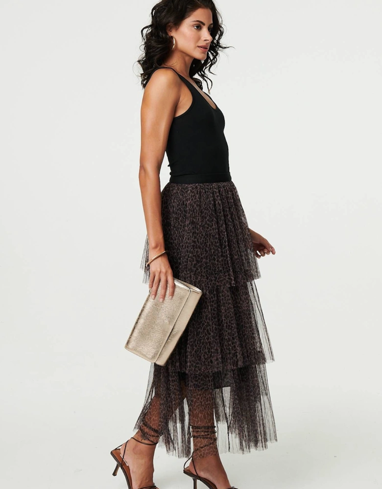 Animal Print Tiered Midi Skirt