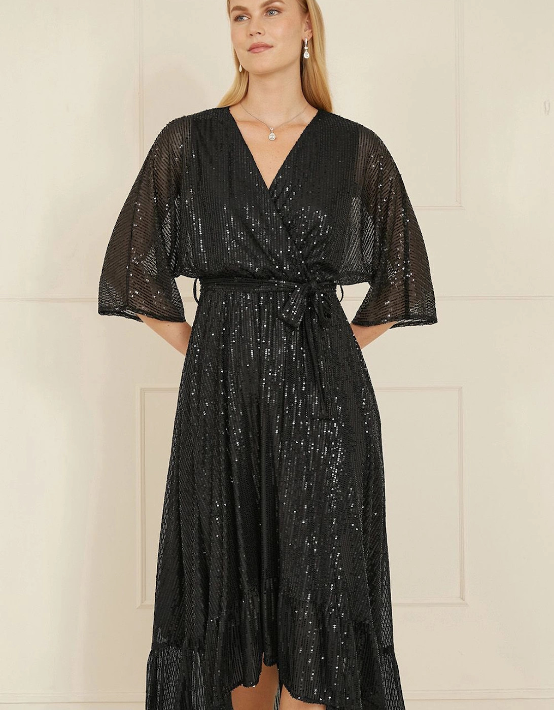 Black Sequin Kimono Midi Wrap Dress, 2 of 1