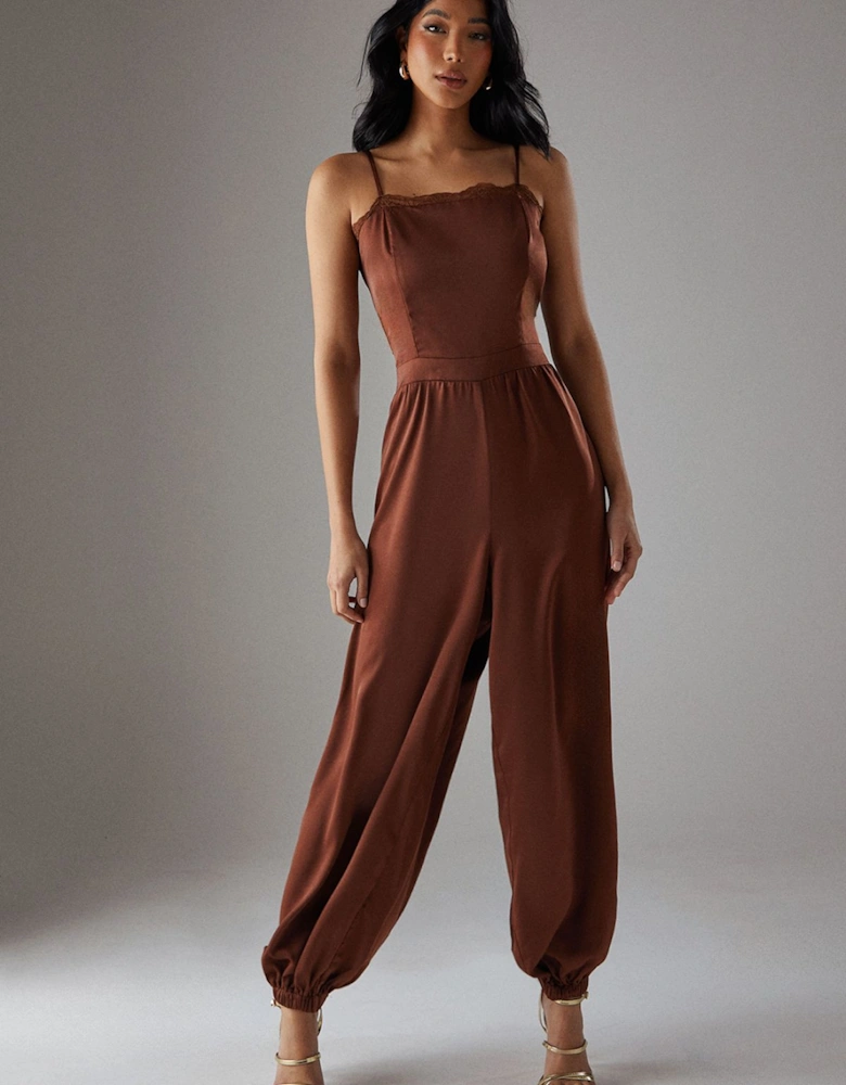 Satin Lace Trim Elasticated Cuff Strappy Jumpsuit