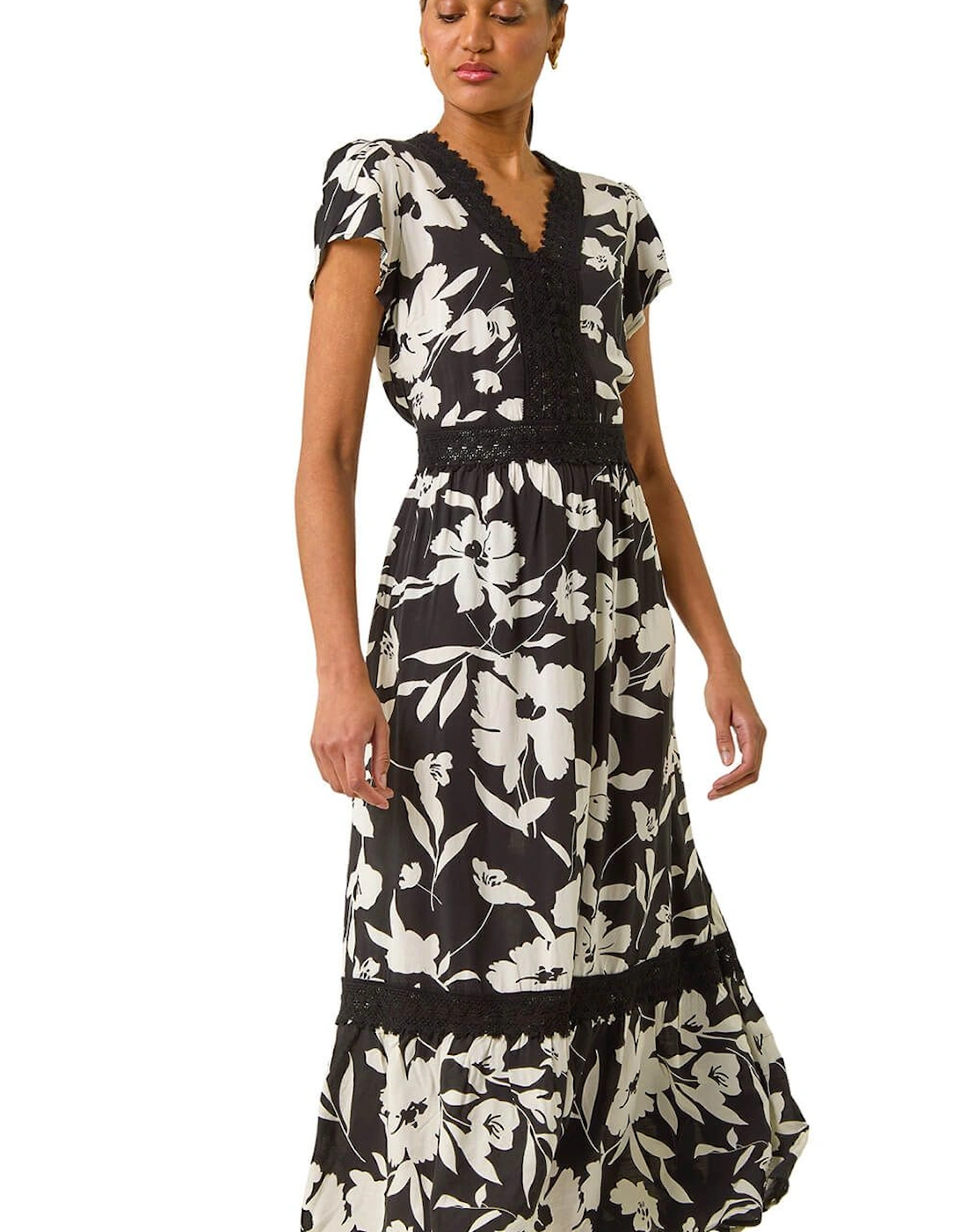 Floral Print Lace Trim Midi Dress, 2 of 1