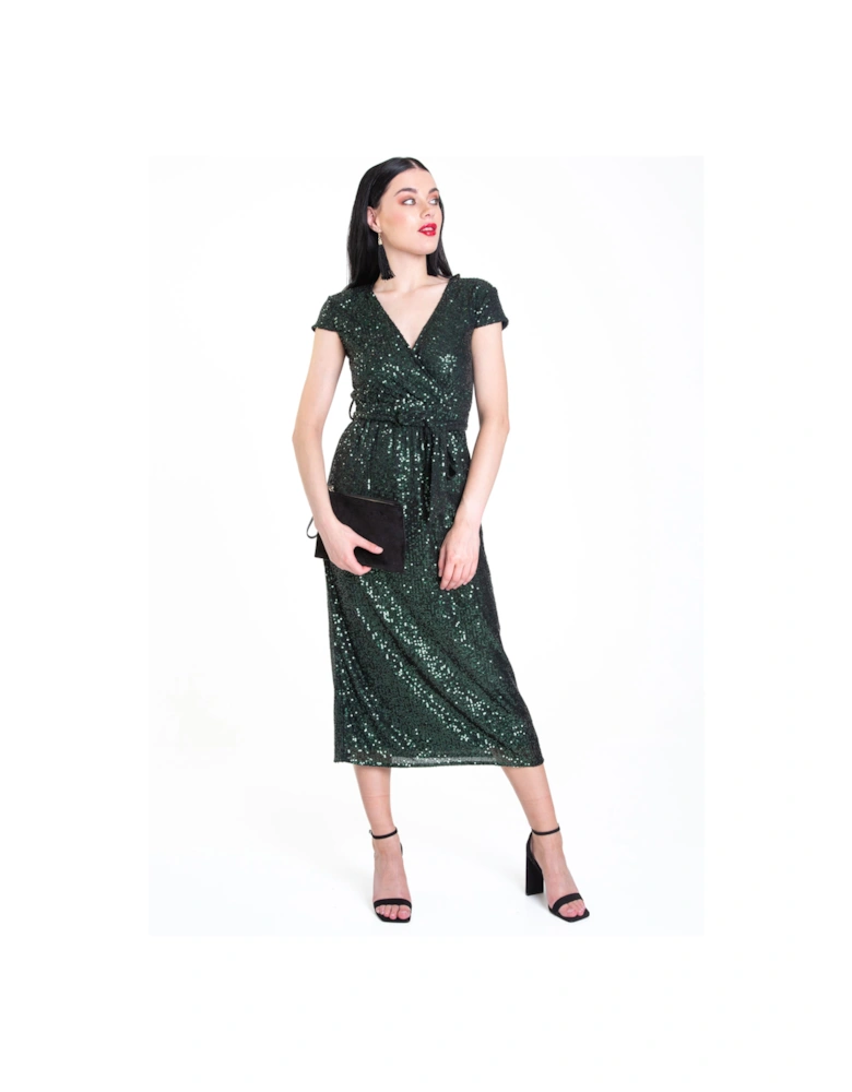 Green Sequin Belted Midi Wrap Dress