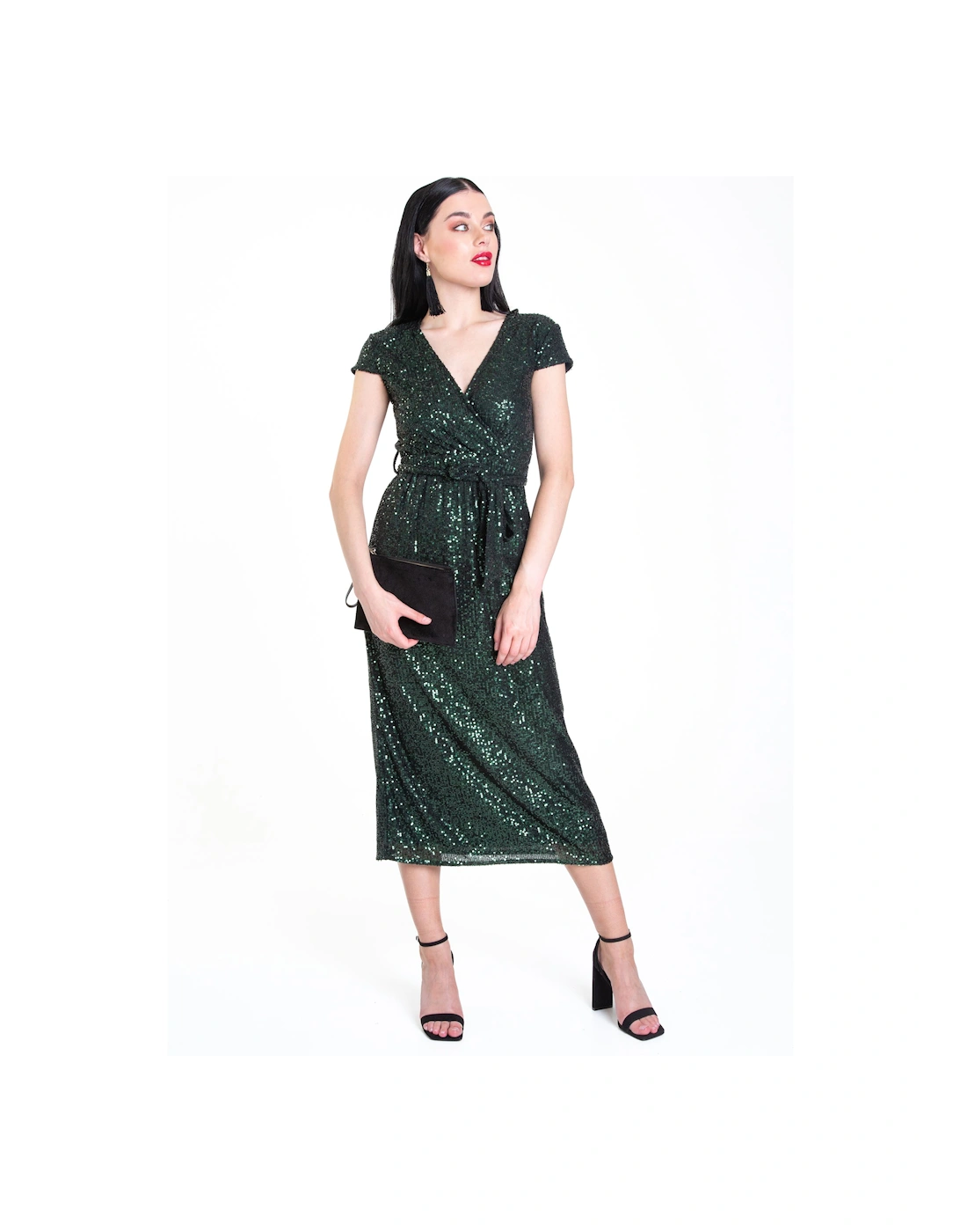 Green Sequin Belted Midi Wrap Dress, 2 of 1
