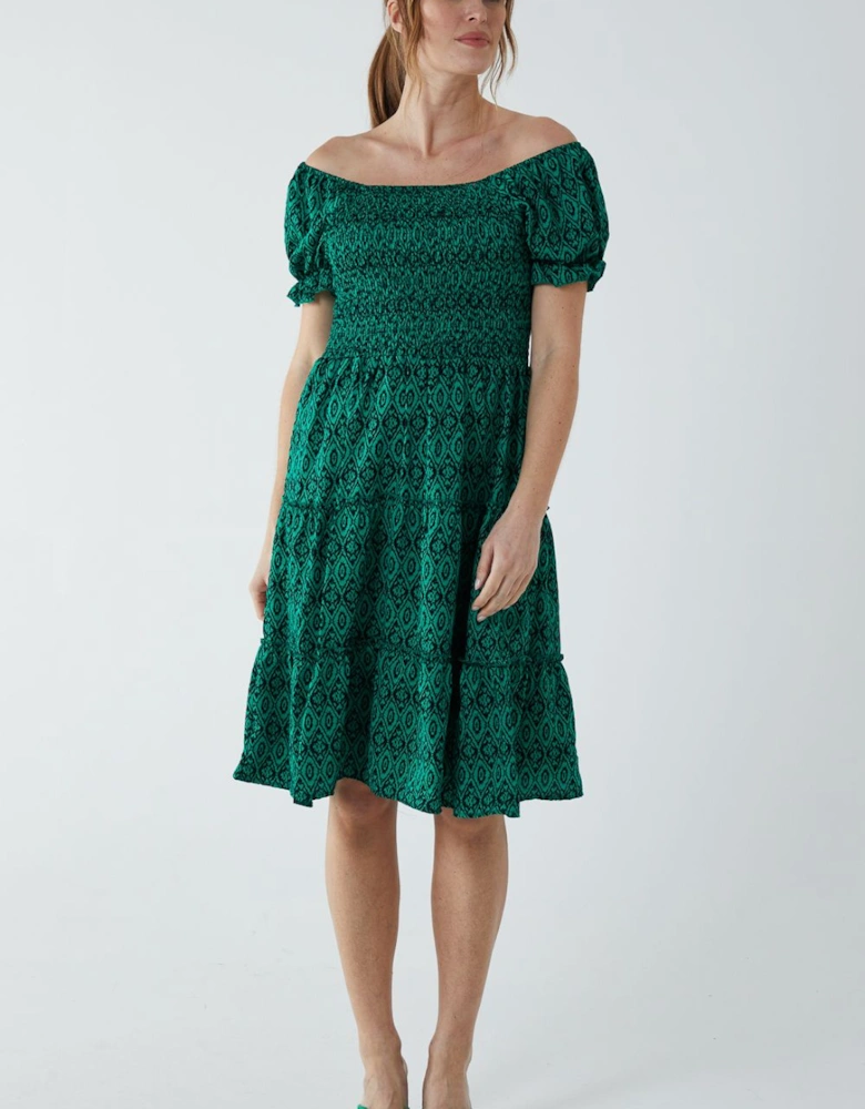 Puff Sleeve Shirred Dress