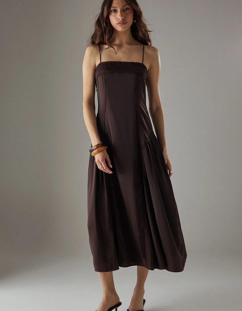 Satin Lace Trim Detail Godet Strappy Midi Dress