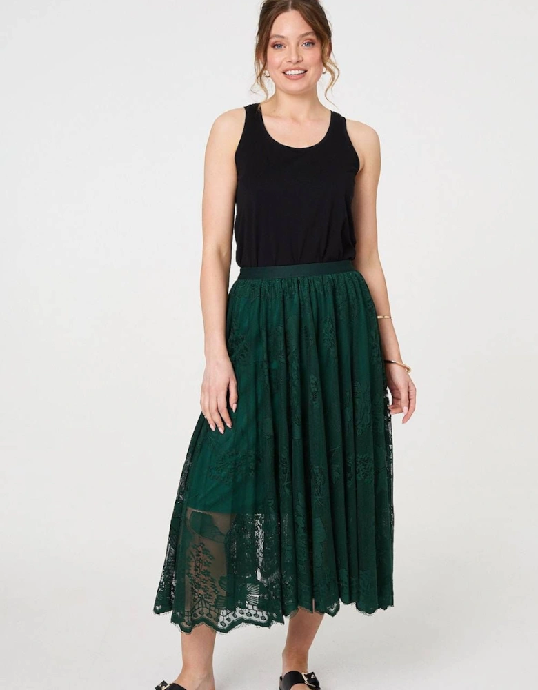 Floral Semi Sheer Mesh Layer Midi Skirt