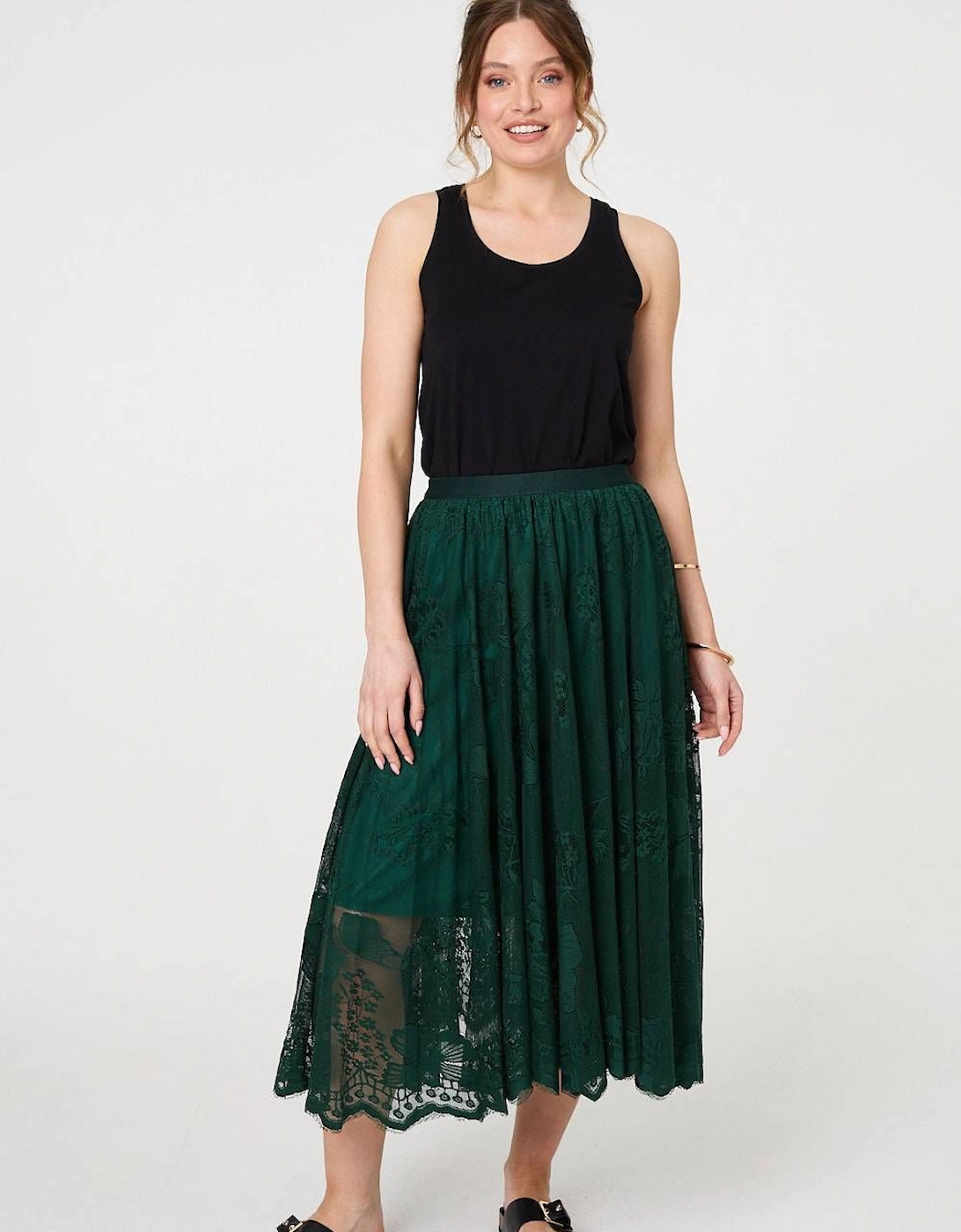 Floral Semi Sheer Mesh Layer Midi Skirt, 2 of 1
