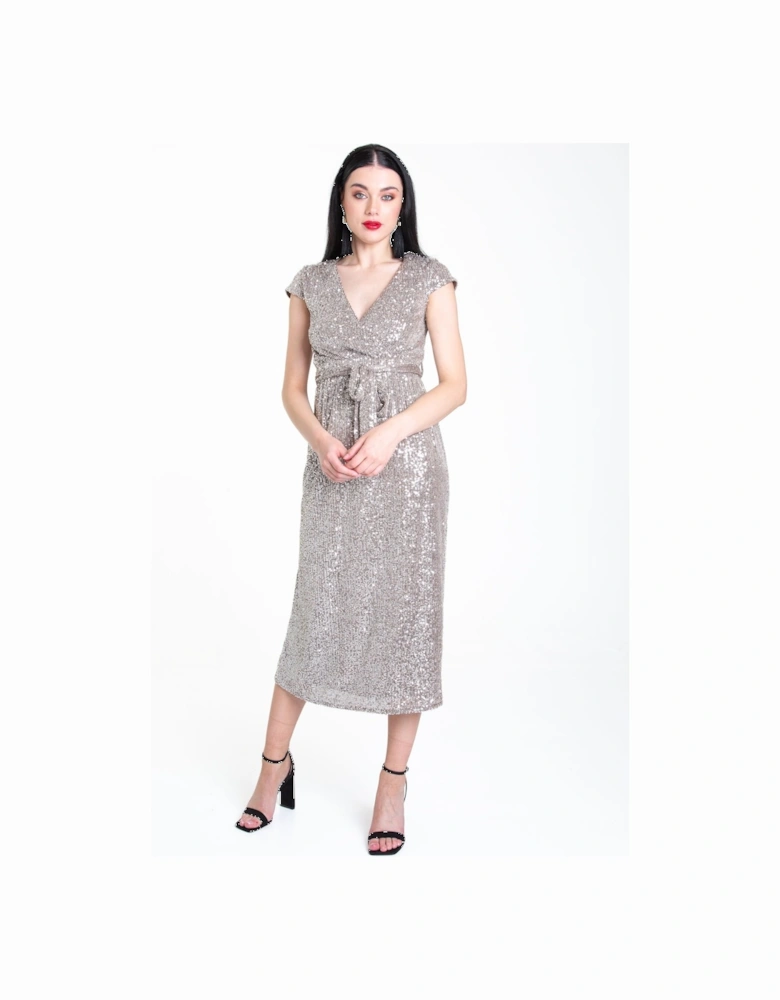 Gun Metal Sequin Belted Midi Wrap Dress