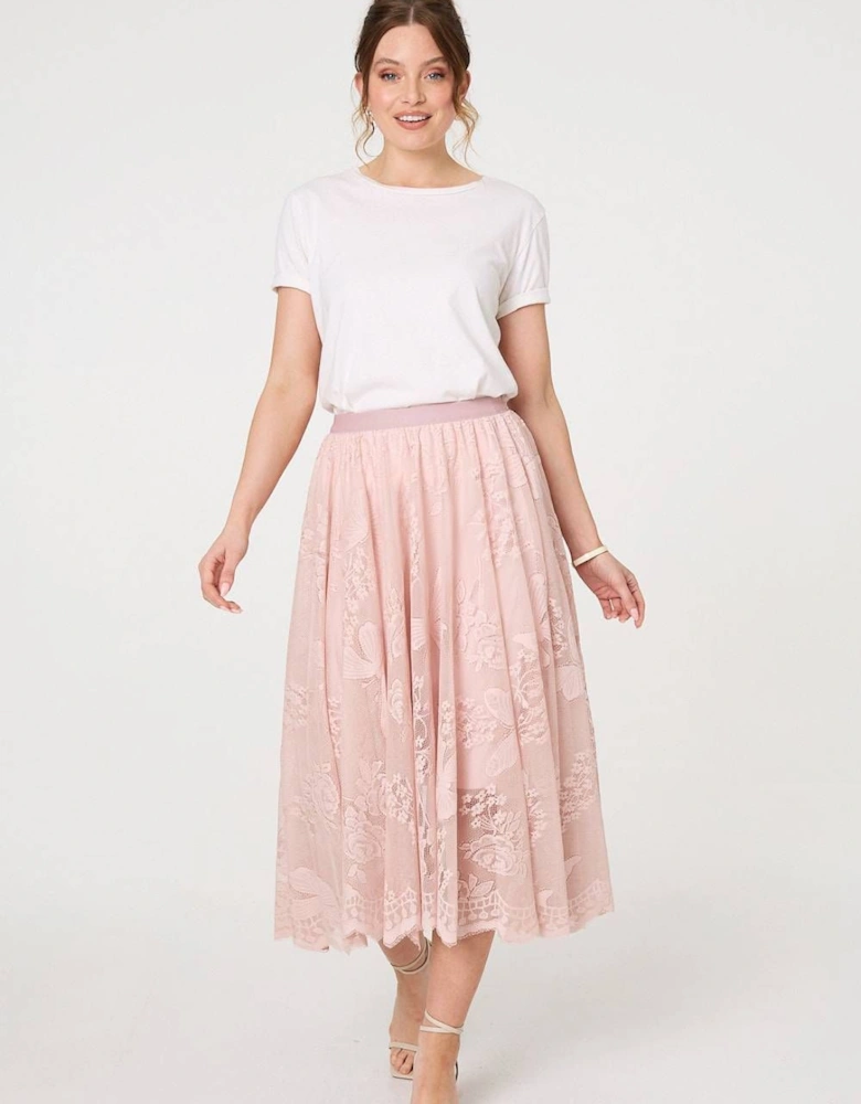 Floral Semi Sheer Mesh Layer Midi Skirt
