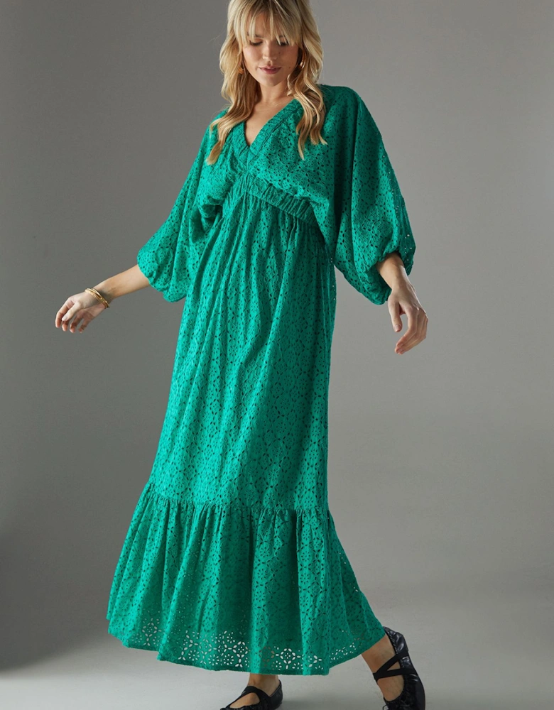 Broderie Plunge Neck Volume Sleeve Smock Midi Dress