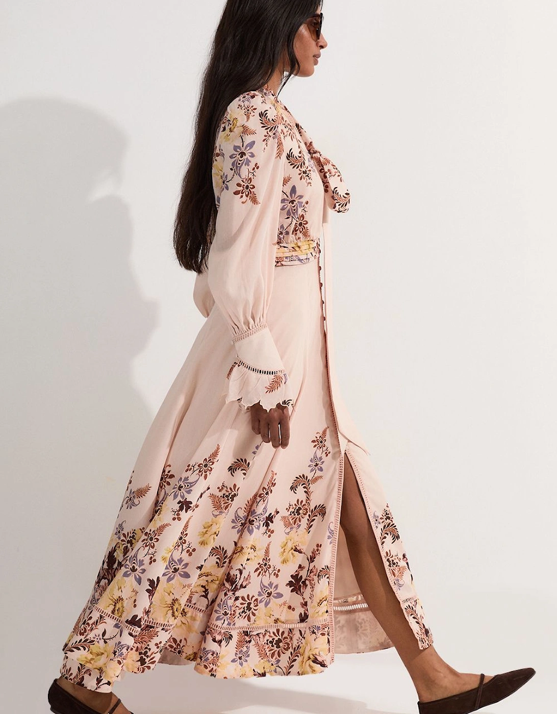 Voile Floral Border Print Woven Maxi Dress With Ladder Lace Trim, 2 of 1