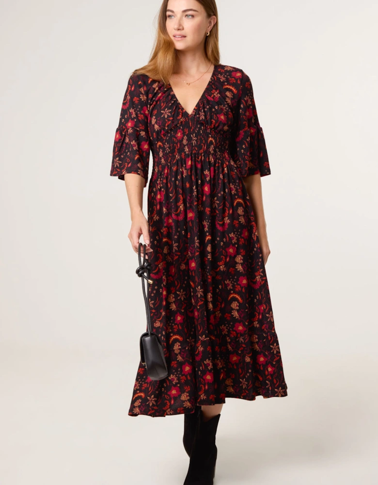 Black Paisley Shirred Waist V Neck Midi Dress