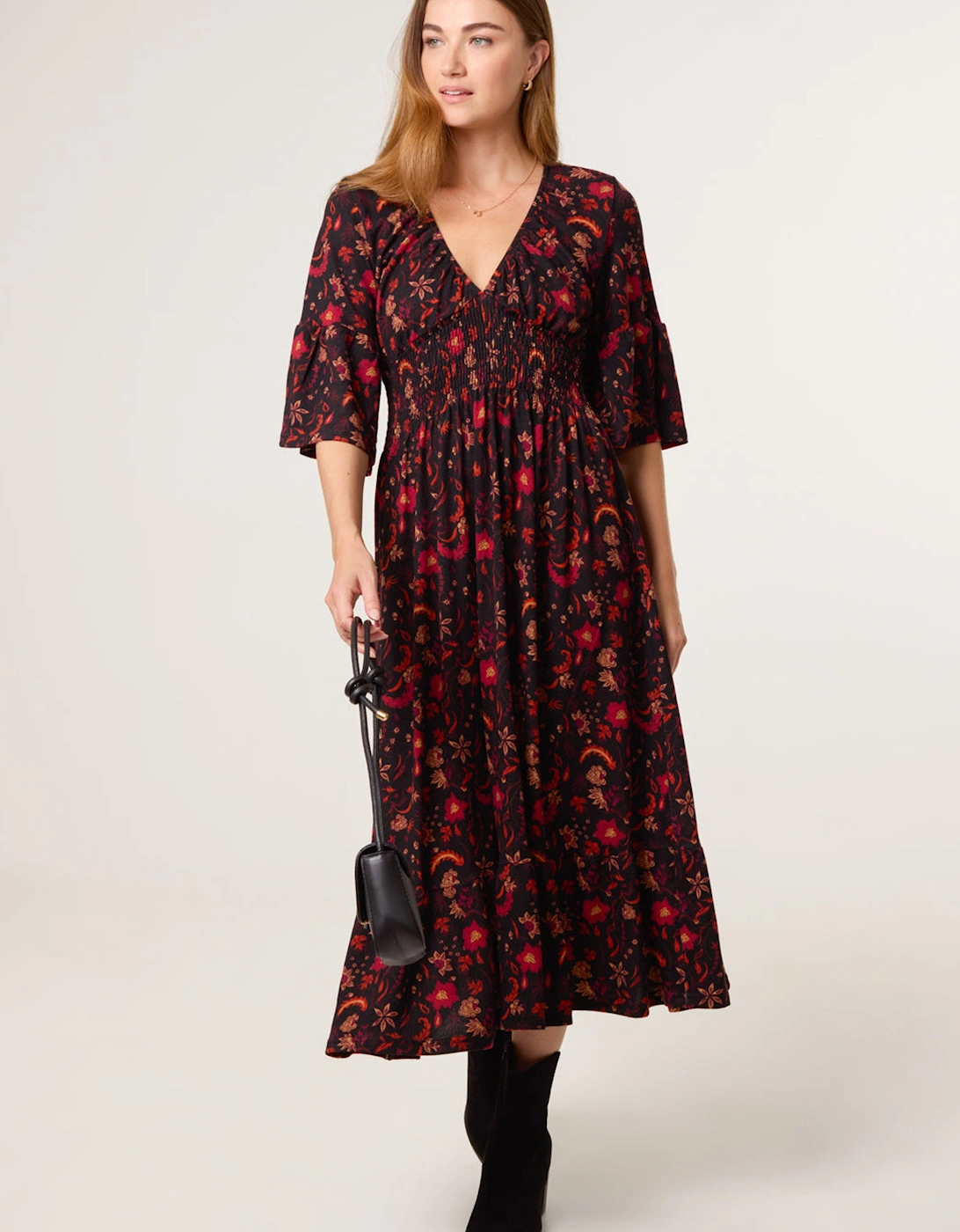 Black Paisley Shirred Waist V Neck Midi Dress, 2 of 1