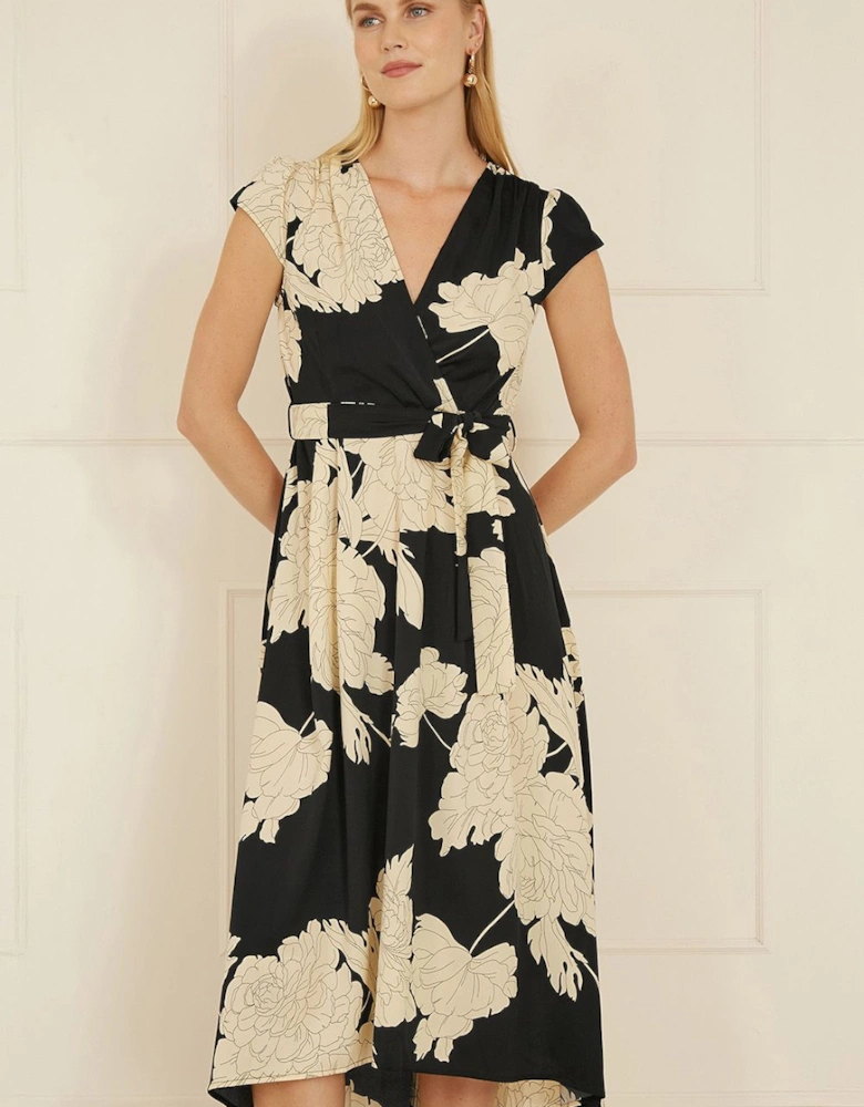 Black Blossom Print Wrap Midi With Dipped Hem