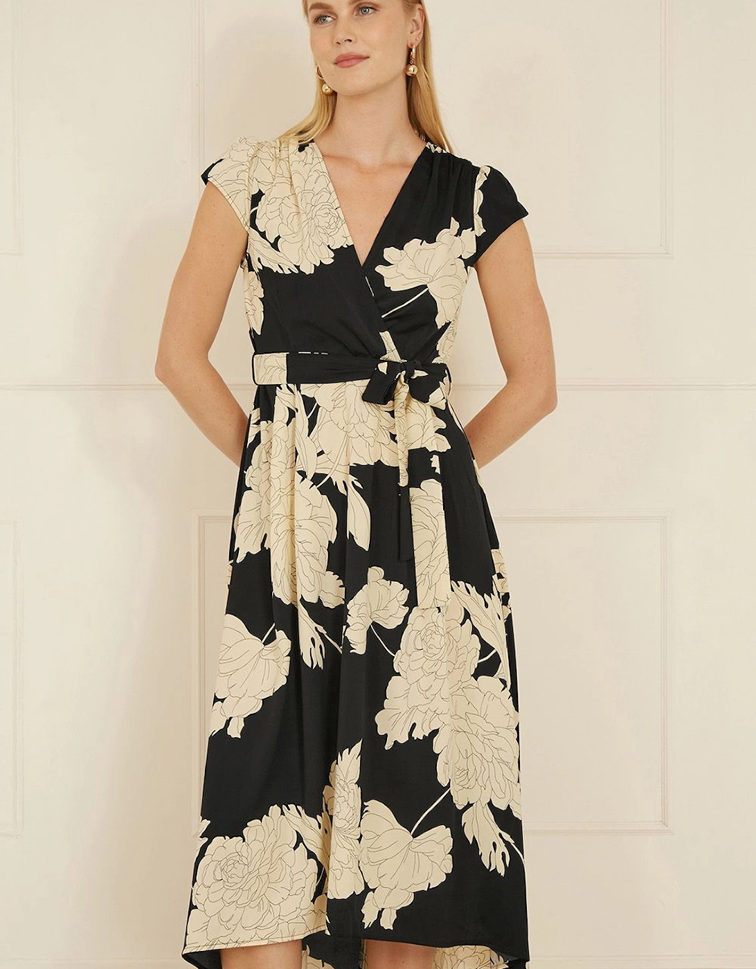 Black Blossom Print Wrap Midi With Dipped Hem, 2 of 1