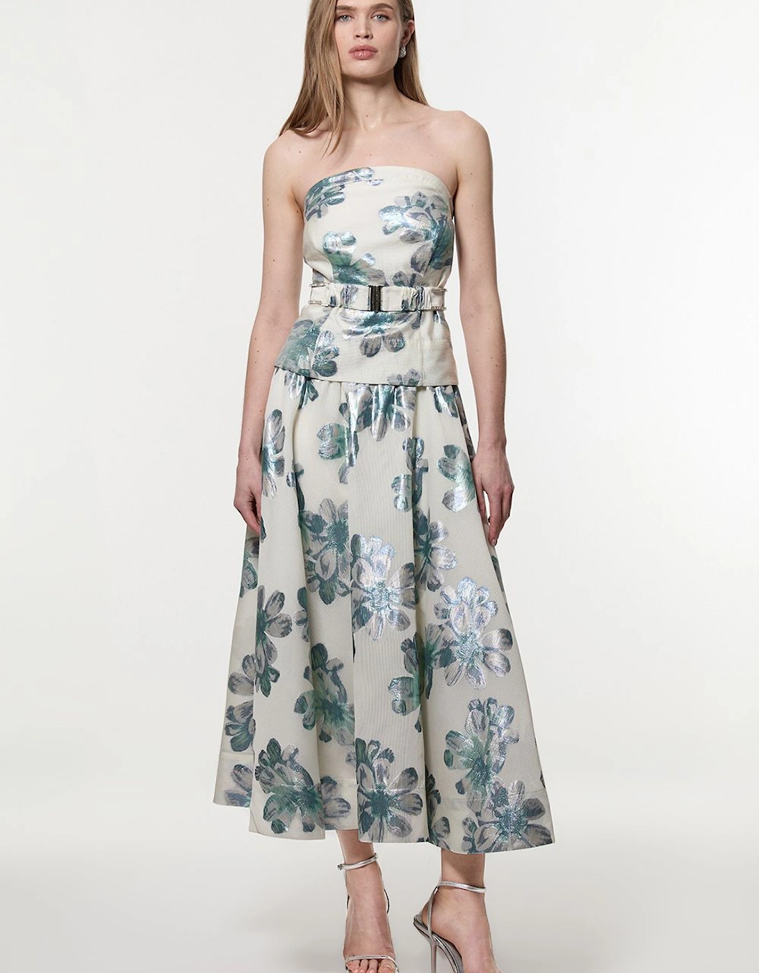 Tall Diamante Trim Bodice Detail Metallic Jacquard Prom Dress, 2 of 1
