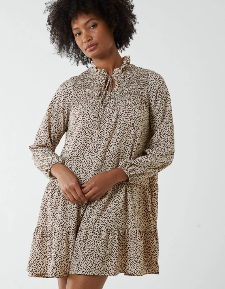 Shirred Cheetah Smock Dress