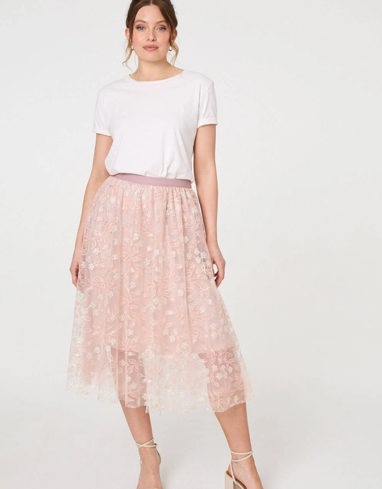 Floral Mesh Layered Midi Skirt