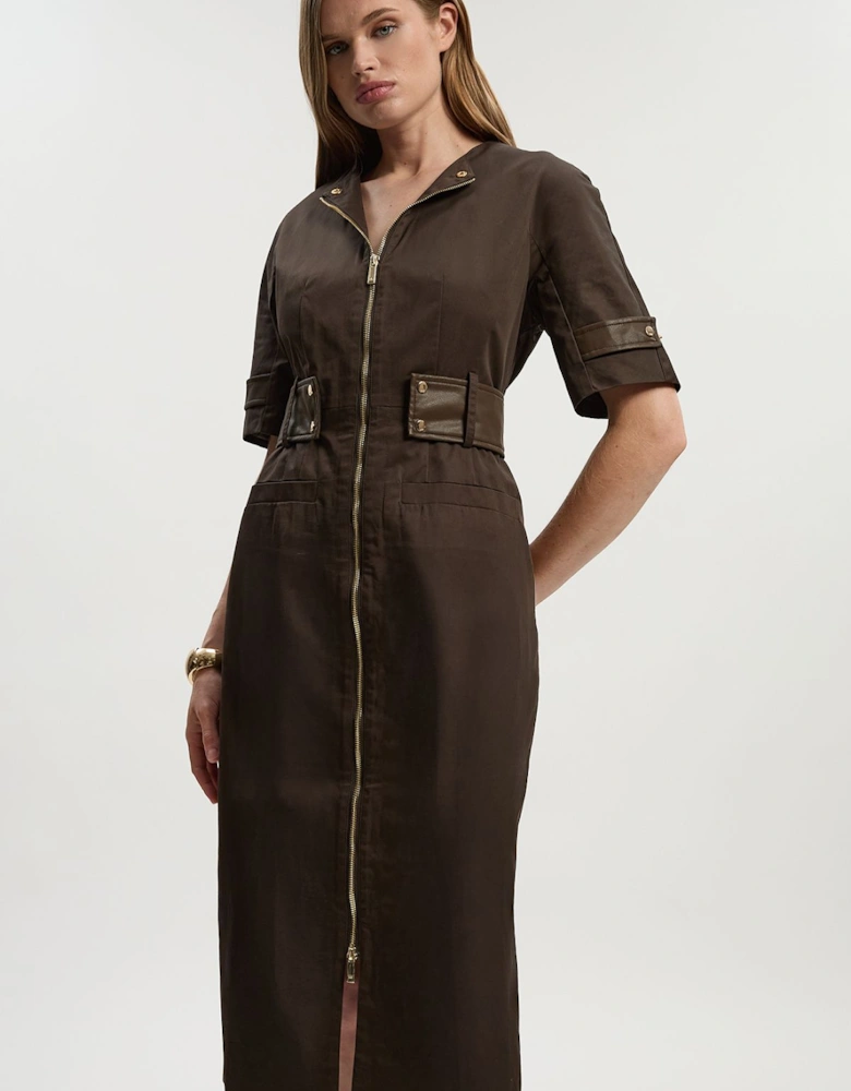 Cotton & Faux Leather Tab Utility Midi Dress