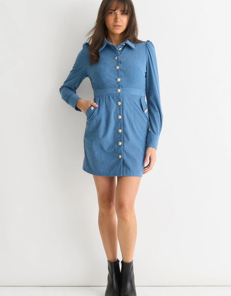 Blue Corduroy Mini Shirt Dress