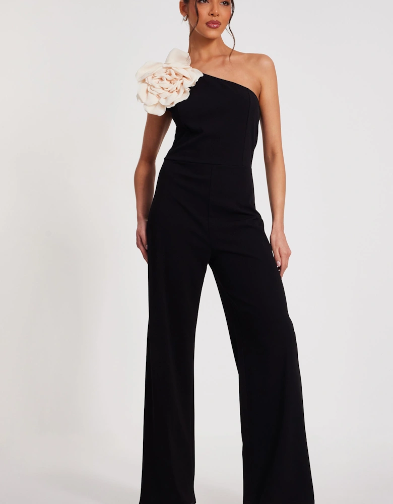 Black One Shoulder Floral Jumpsuit