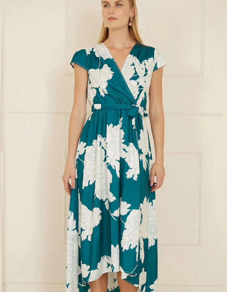Green Blossom Print Wrap Midi With Dipped Hem