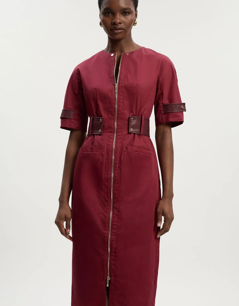 Cotton & Faux Leather Tab Utility Midi Dress