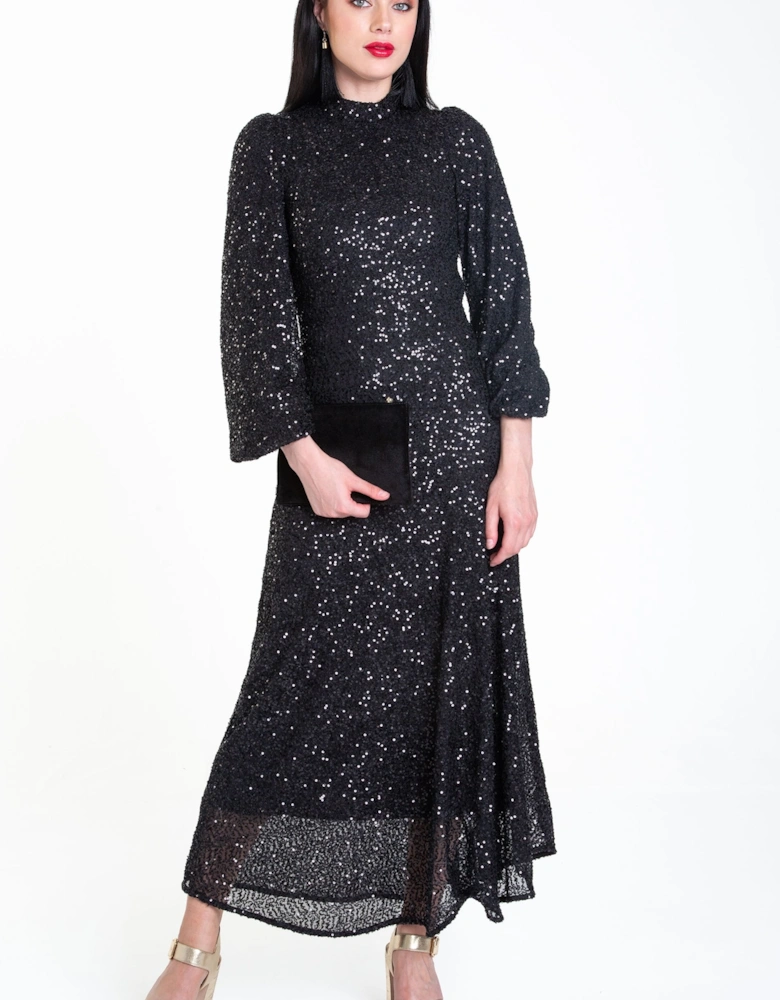 BlackSequin High Neck Occassion Midi Dress