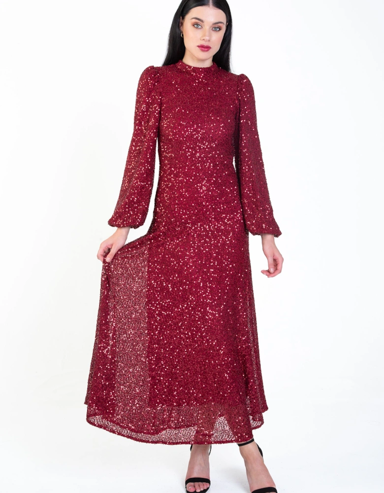 Burgundy Sequin High Neck Occassion Midi Dress