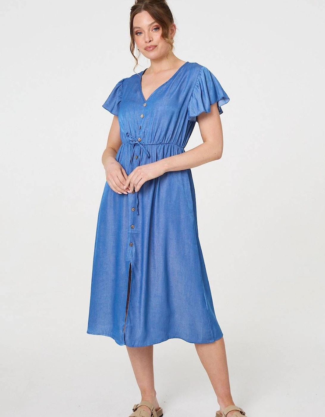 Short Sleeve Drawstring Waist Midi Dress, 2 of 1