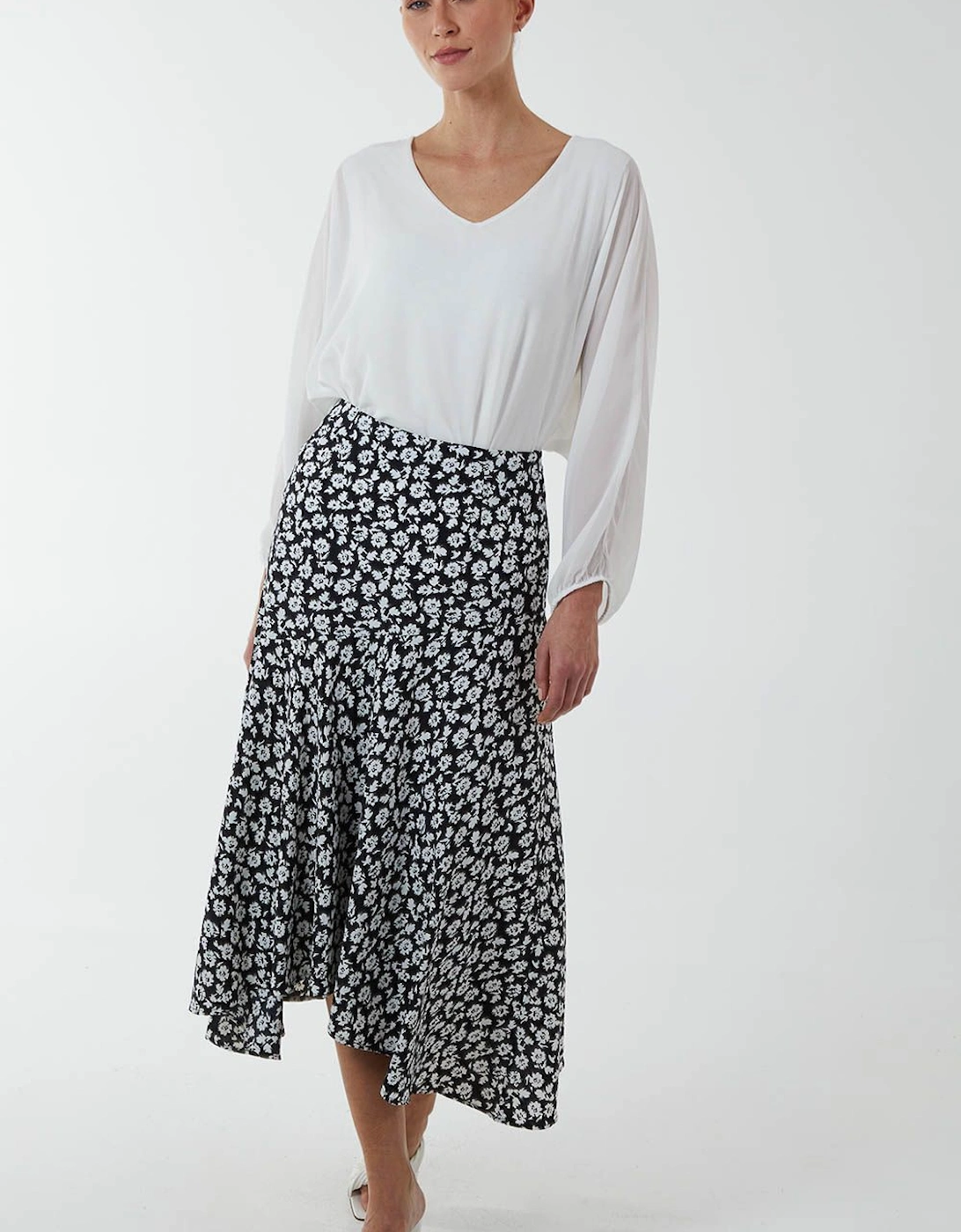 Floral Print Asymmetric Midi Skirt, 2 of 1