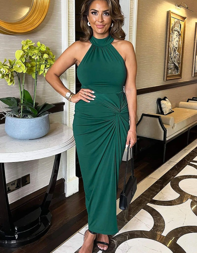 Teal Halter Neck Knot Skirt Midi Dress