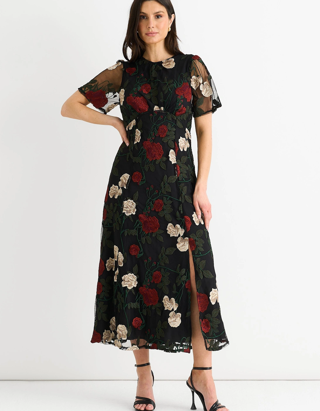 Black Angel Sleeves Embroidered Occasion Midi Dress, 2 of 1