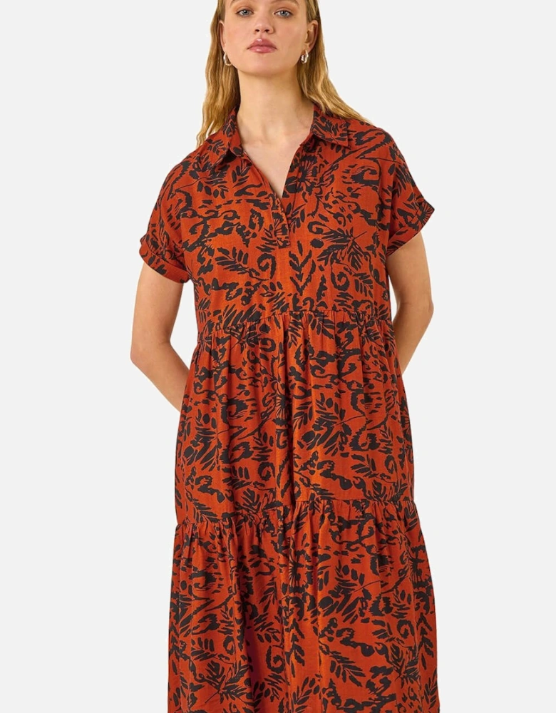 Leaf Print Collared Smock Dress