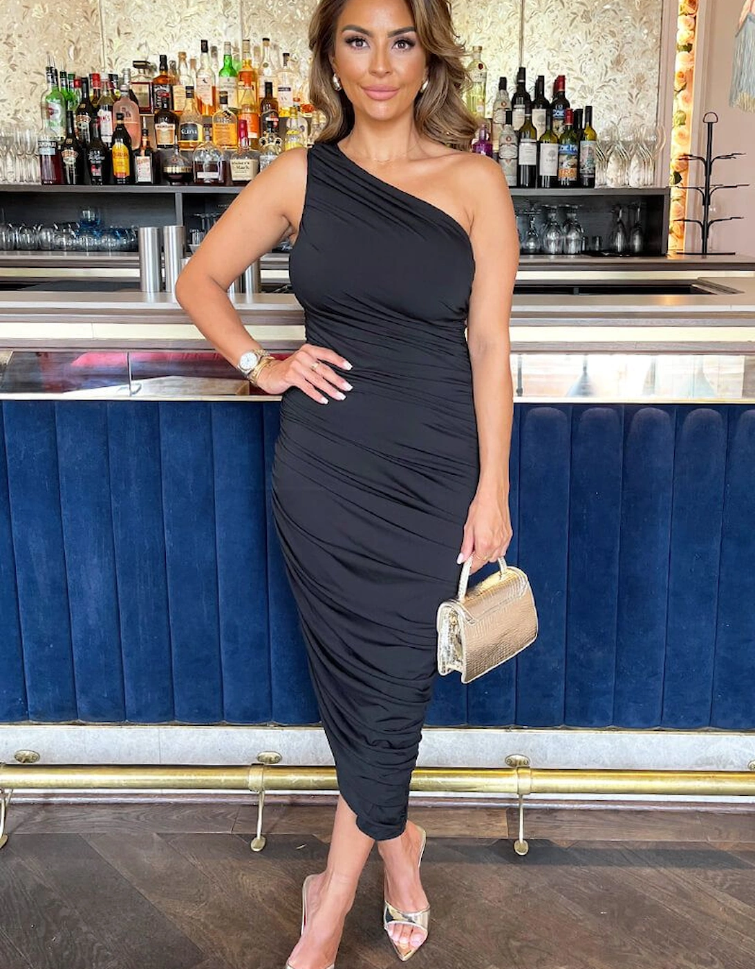 Black One Shoulder Asymmetric Hem Ruched Midi Dress, 2 of 1