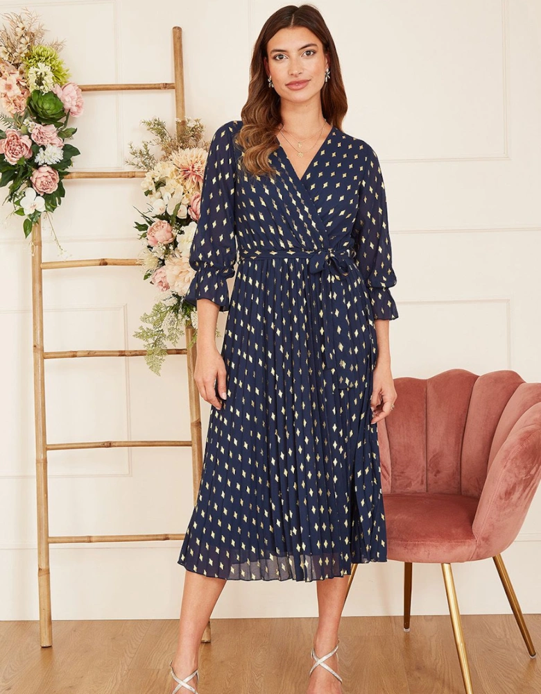 Navy Foil Printed Pleated Wrap Midi Dress