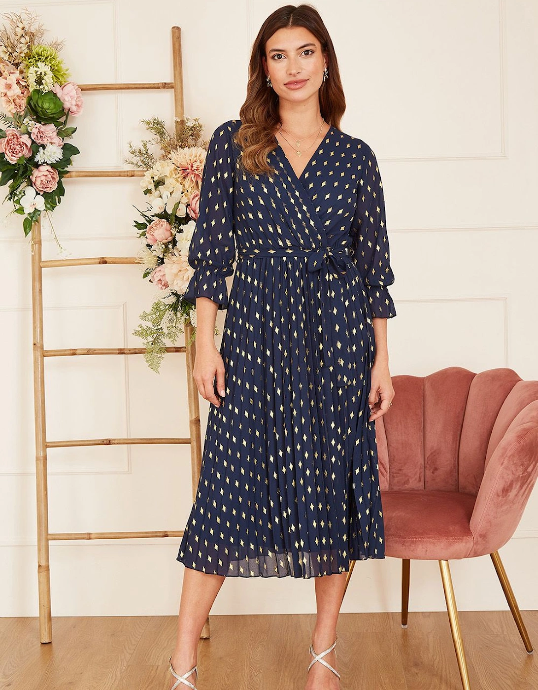 Navy Foil Printed Pleated Wrap Midi Dress, 2 of 1