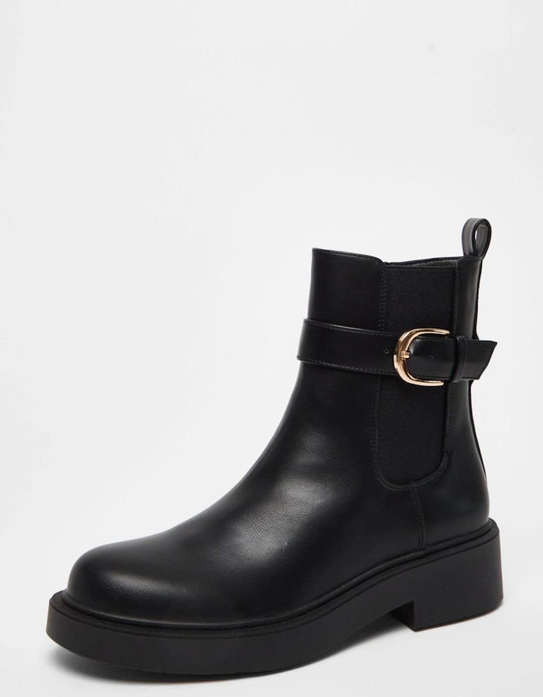 Black Faux Leather Chunky Buckle Boots