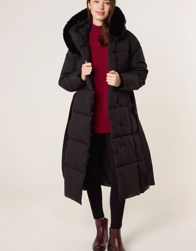 Black Long Puffer Faux Fur Hooded Coat