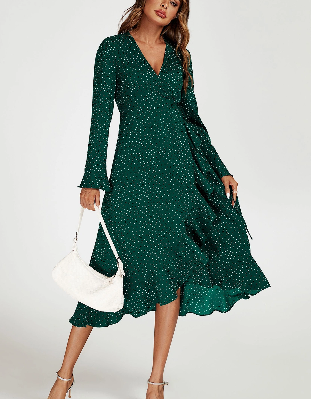 Dot Print Wave Front Frill Wrap Midi Dress In Green, 2 of 1