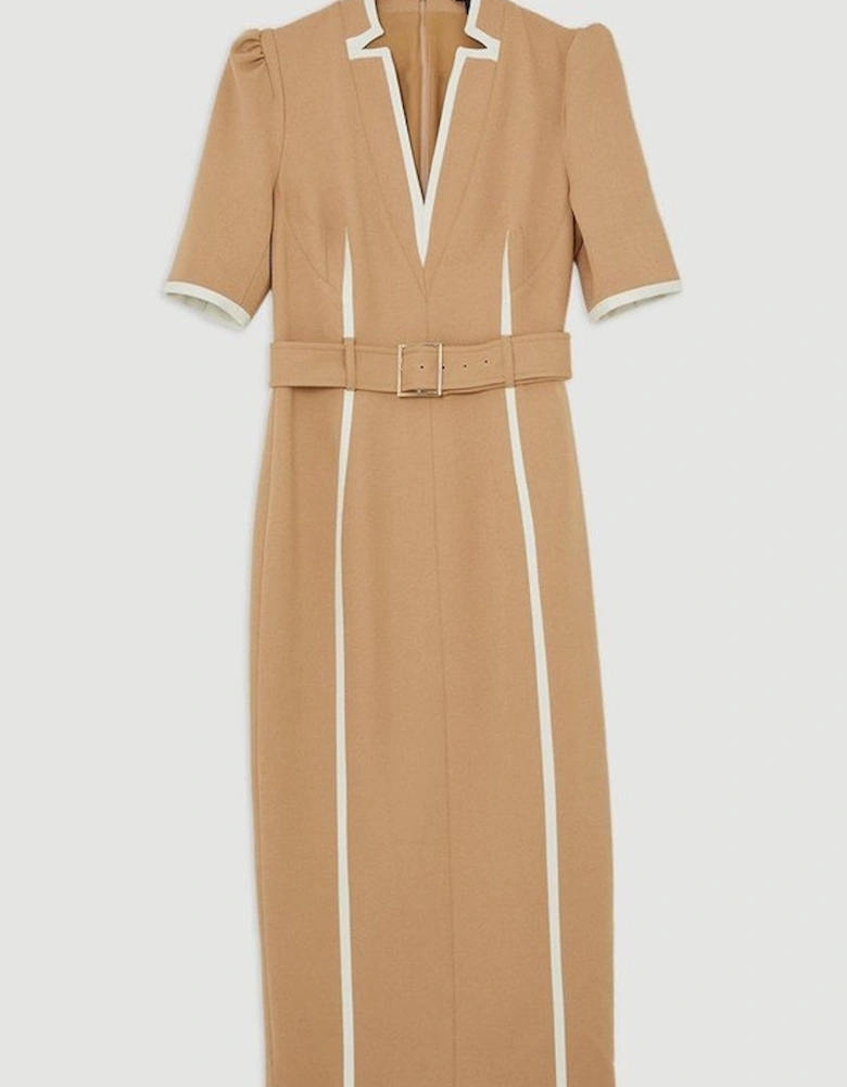 Compact Stretch Double Breasted Belted Tipped Tailored Midi Dress