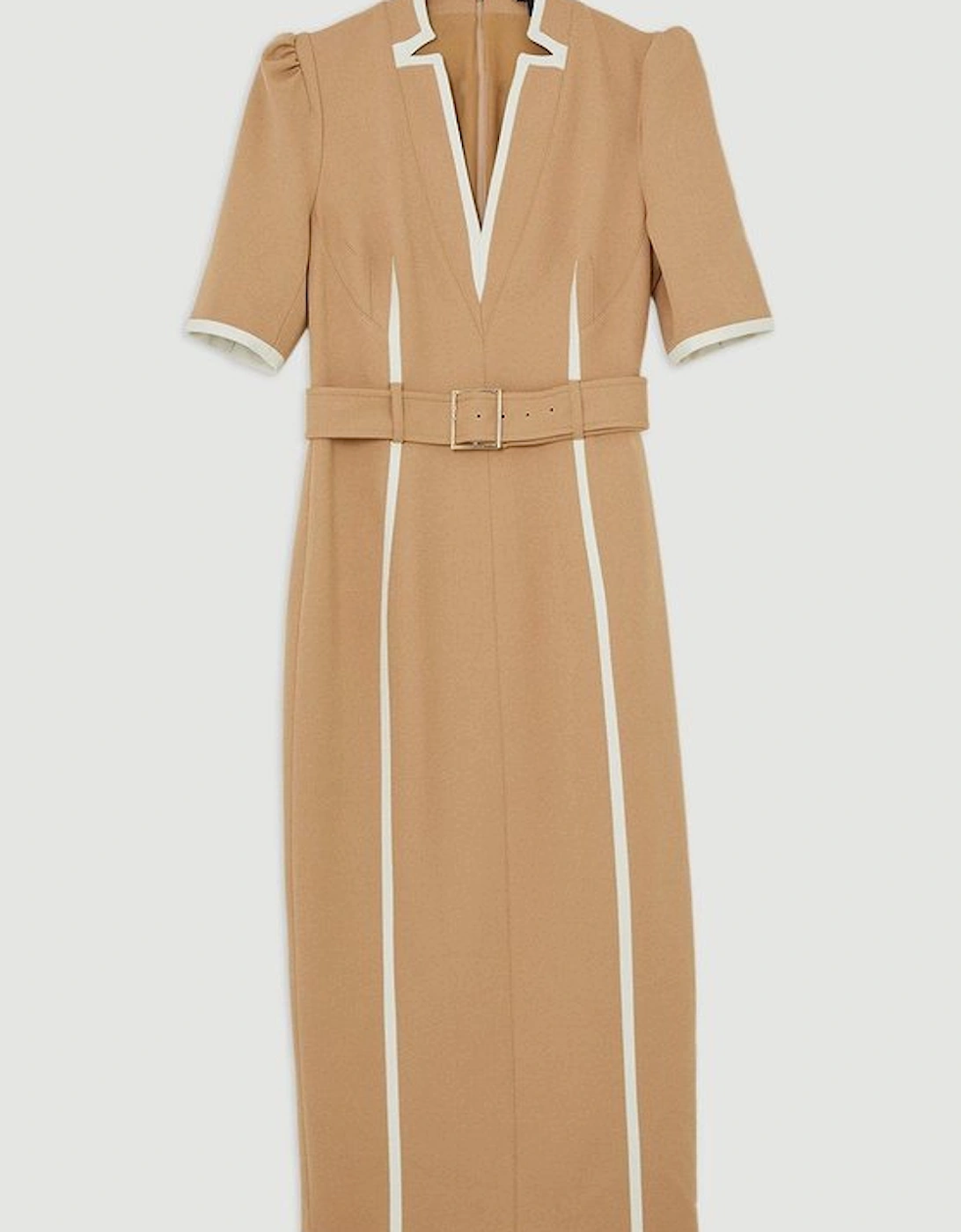 Compact Stretch Double Breasted Belted Tipped Tailored Midi Dress