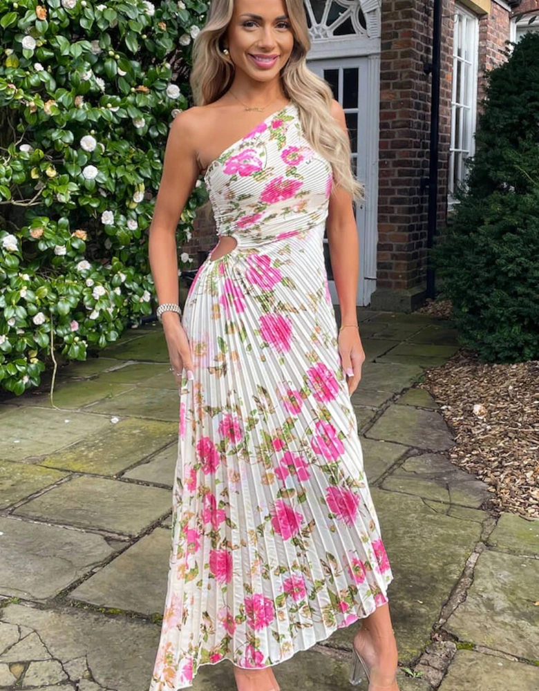 Cream and Pink Floral Print One Shoulder Pleated Satin Midi Dress