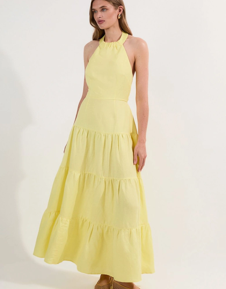 Viscose Linen Halter Tiered Woven Maxi Dress