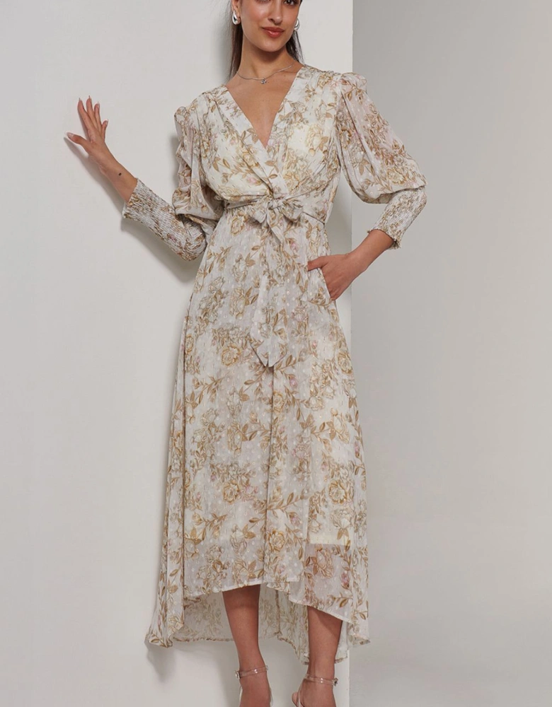 V Neck Tie Waist Puff Sleeve Maxi Dress