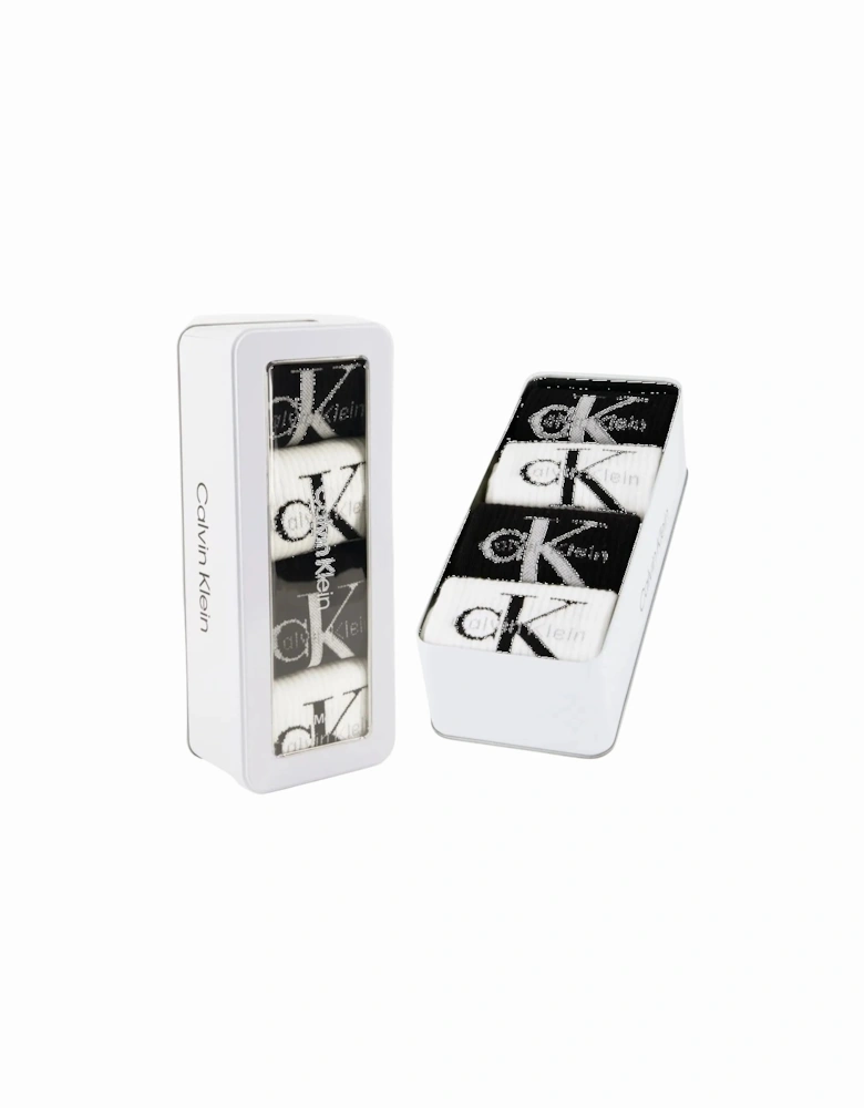 4-Pack CK Jeans Logo Sports Socks Gift Tin, Black/White