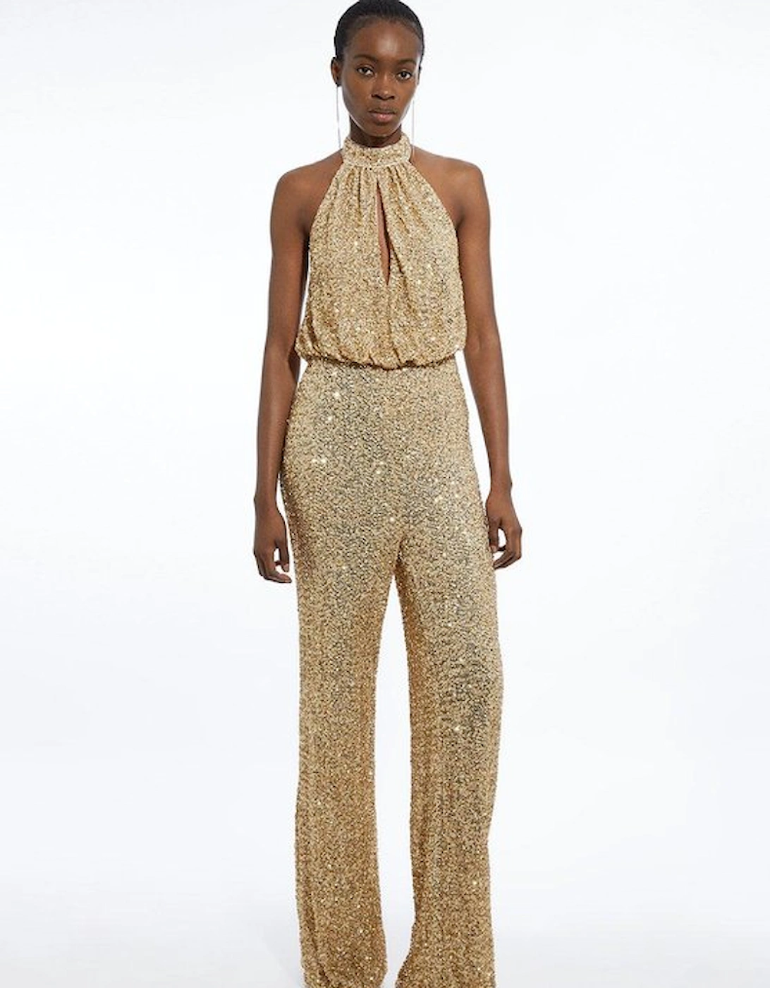 Tall Halter Jersey Stretch Sequin Wide Leg Jumpsuit, 5 of 4