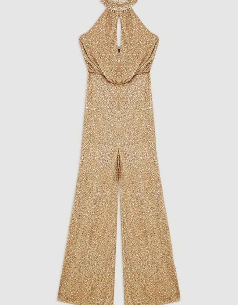 Tall Halter Jersey Stretch Sequin Wide Leg Jumpsuit