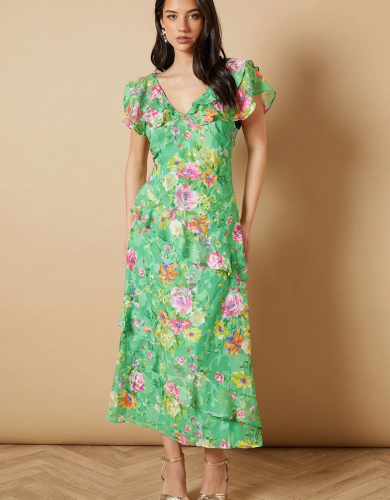 Occasion Ruffle Sleeve Jacquard Midi Dress