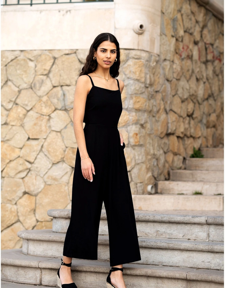 Black Viscose Tie Back Jumpsuit With Pockets