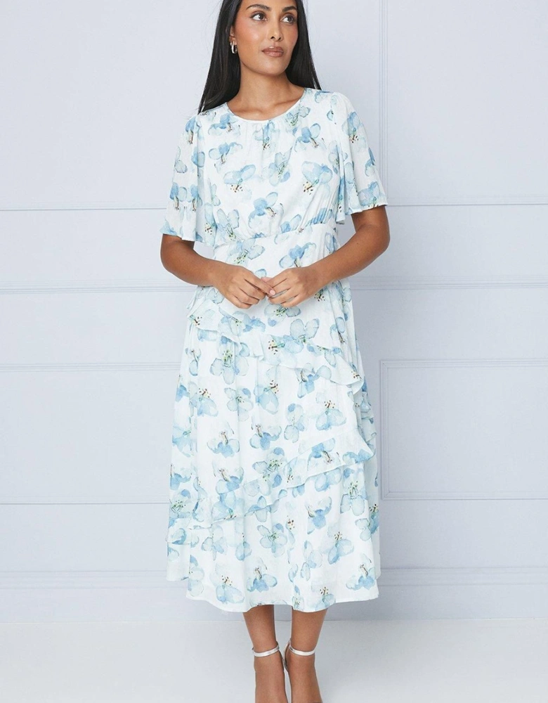 Petite Floral Satin Ruffle Midi Dress
